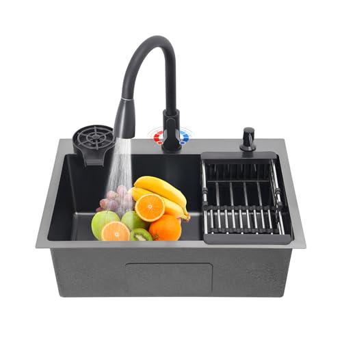 Edelstahl-Spüle, 1 Becken, 60 x 45 cm, kommerziell, Küchenspüle, Einbauspüle, Nanobeschichtung, drehbarer Wasserhahn und Abflusskorb – Schwarz von Fermoirper
