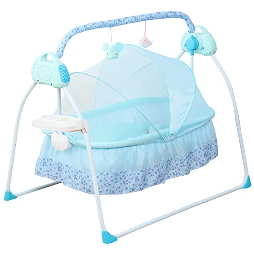 Fermoirper Elektrische Babybett,Automatik Babyschaukel 5 Gänge Einstellbar mit Spielzeugen & Zeitschaltfunktion 8-60 min (Ohne Batterie) bis 18kg Neugeborene (Blau) von Fermoirper
