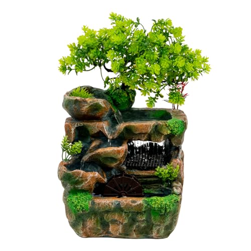 mini Zimmerbrunnen Wasserfall,18x15x30 cm Kunstharz Tischbrunnen Wasserfall mit LED Beleuchtung & Grüner Pflanze, Indoor Fountain Deko für Wohnzimmer & Büro von Fermoirper