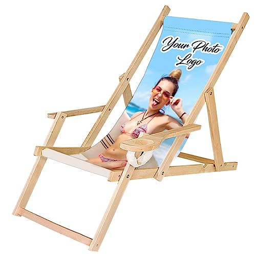 Ferocity Holz-Liegestuhl Klappbar Klappliegestuhl mit Armlehne und Getränkehalter Strandstuhl Motiv Bedrucken Weiß Dein Photo Logo [119] von Ferocity
