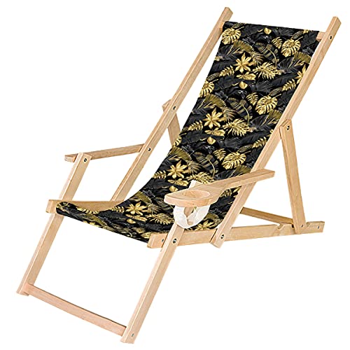 Ferocity Holz-Liegestuhl Klappbar Klappliegestuhl mit Armlehne und Getränkehalter Strandstuhl Motiv Palmen Gold [119] von Ferocity
