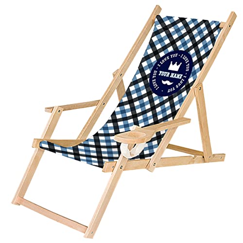 Ferocity Holz-Liegestuhl Personalisierbar Klappbar Klappliegestuhl mit Armlehne und Getränkehalter Strandstuhl Motiv Blau Kariert [119] von Ferocity