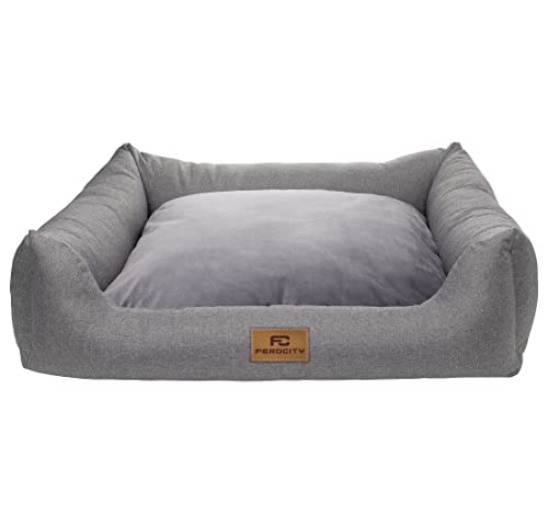 Ferocity Hundebett waschbares Hundesofa mit Rand und Wendekissen, Hundekissen aus Cordura und Samt, Grau und Flachs 60x55 [123] von Ferocity