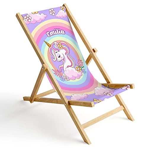 Ferocity Kinder Holz-Liegestuhl Personalisierbar Klappbar Klappliegestuhl Sonnenliege Strandstuhl Wechselbezug Motiv Einhorn Unicorn [119] von Ferocity