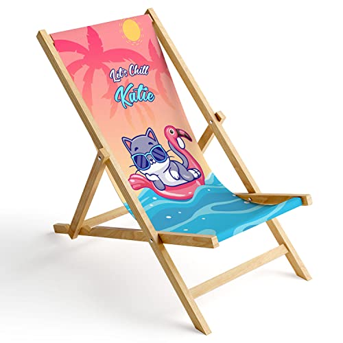 Ferocity Kinder Holz-Liegestuhl Personalisierbar Klappbar Klappliegestuhl Sonnenliege Strandstuhl Wechselbezug Motiv Katze Chill [119] von Ferocity