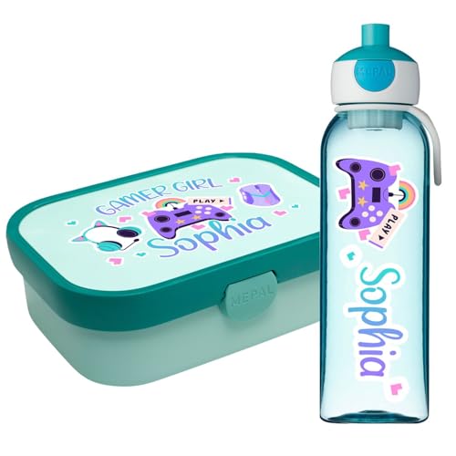 Lunchbox Set für Kinder Jungen zur Schule Personalisiert mit Namen Brotdose Wasserflasche Trinkflasche BPA frei Essen für Unterwegs mit Gabel und Bento Fach To Go Gamer Girl [153] von Ferocity