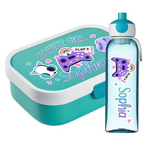 Ferocity Lunchbox Set für Kinder Jungen zur Schule Personalisiert mit Namen Brotdose Wasserflasche Trinkflasche BPA frei Essen für Unterwegs mit Gabel und Bento Fach to Go Gamer Girl [153] von Ferocity