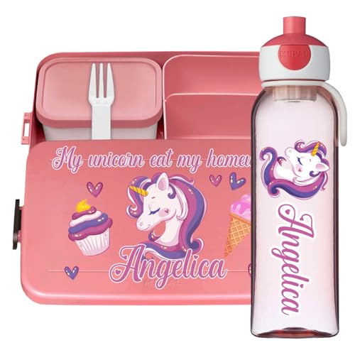 Ferocity Lunchbox Set für Kinder Mädchen zur Schule Personalisiert mit Namen Brotdose Wasserflasche Trinkflasche BPA frei Essen für Unterwegs mit Gabel und Bento Fach To Go My Unicorn [153] von Ferocity