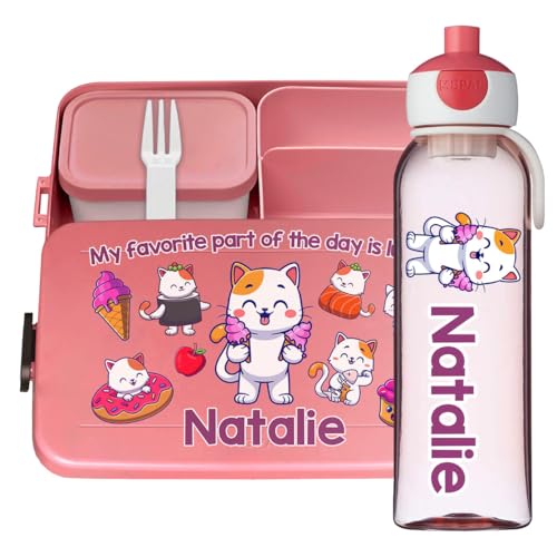 Ferocity Lunchbox Set für Kinder Mädchen zur Schule Personalisiert mit Namen Brotdose Wasserflasche Trinkflasche BPA frei Essen für Unterwegs mit Gabel und Bento Fach To Go Kitties [153] von Ferocity