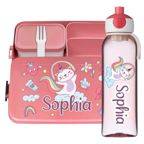 Ferocity Lunchbox Set für Kinder Mädchen zur Schule Personalisiert mit Namen Brotdose Wasserflasche Trinkflasche BPA frei Essen für Unterwegs mit Gabel und Bento Fach To Go Unicorn Cat [153] von Ferocity