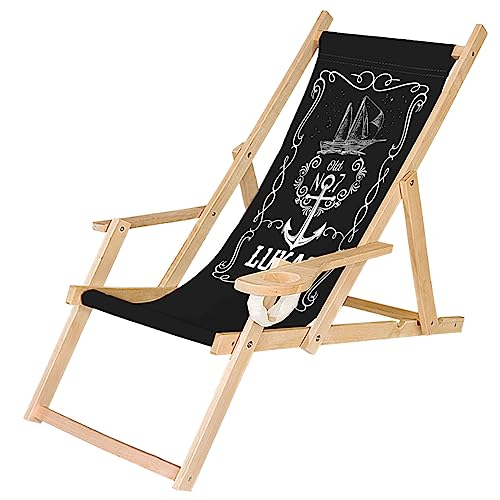 Ferocity Personalisierbarer Holz-Liegestuhl Klappbar Klappliegestuhl mit Armlehne und Getränkehalter Strandstuhl Motiv Anker [119] von Ferocity