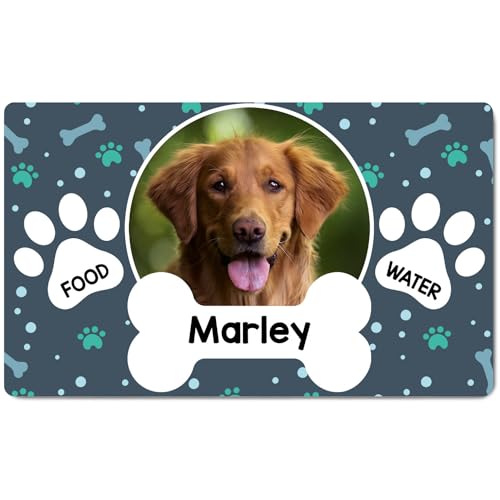 Ferocity Personalisierte Napfunterlage mit Foto und Namen | Fressnapf Matte für Hunde | Größe 45 x 75 cm | 4 mm Gummierte Unterlage & Schuhmatte | Haustier Motiv | Farbe Blue with Bone [140] von Ferocity