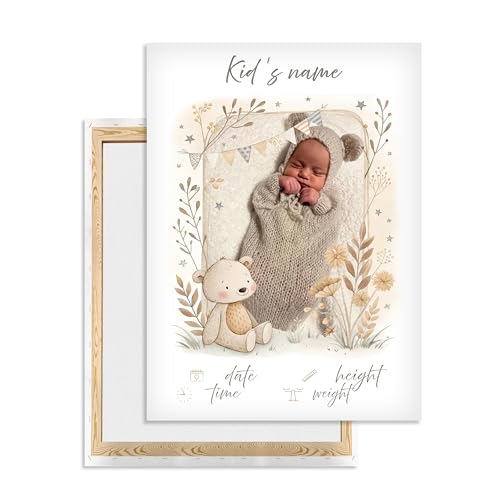 Ferocity Personalisiertes Geburtsbild 30 x 40 cm Geburtsanzeige Leinwand mit Foto & Geburtsdaten | Wanddeko fürs Babyzimmer | Geschenk zur Geburt Taufe Babyshower für Mädchen & Jungen Motiv Bär [128] von Ferocity