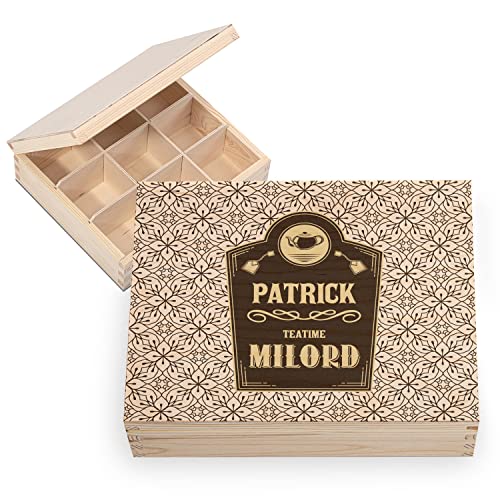 Ferocity Personalisiertes Geschenk Holz-Tee-Box Teekiste mit Namen DEIN TEXT 20,5 x 23,5 cm Aufbewahrungsbox für Tee aus Holz mit 9 Fächern Tee-Organizer mit individuellem UV-Druck Motiv Milord [160] von Ferocity