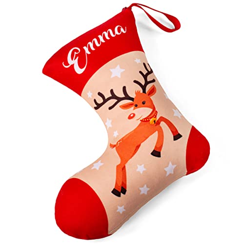 Ferocity Strumpf für Weihnachten Personalisiert mit Namen für Kinder 2 in 1: Custom Weihnachtsdeko Weihnachtsstrumpf Socke und Kissen mit Füllung 28 x 25 x 17 cm Motiv Rentier Rudolf [156] von Ferocity