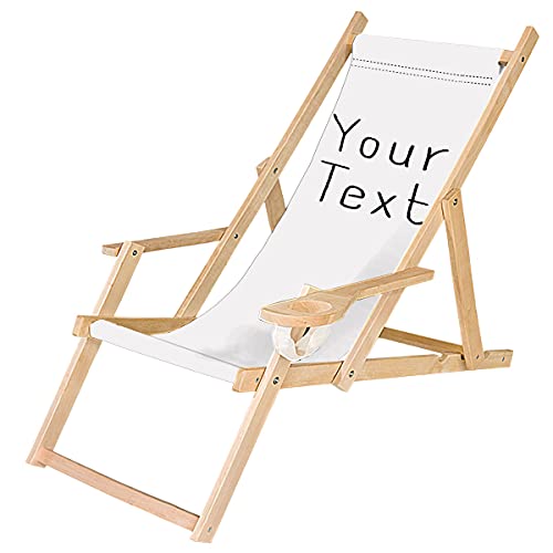 Ferocity Holz-Liegestuhl Klappbar Klappliegestuhl mit Armlehne und Getränkehalter Strandstuhl Motiv Bedrucken Weiß Dein Logo/Text [119] von Ferocity