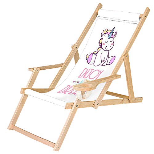 Ferocity Holz-Liegestuhl Klappbar Klappliegestuhl mit Armlehne und Getränkehalter Strandstuhl Motiv Weiß Einhorn Unicorn [119] von Ferocity
