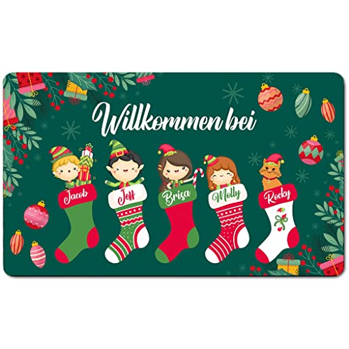 PERSONALISIERTE Weihnachten Fußmatte Lustiger Fußabstreifer; Waschbarer Fußabtreter für Innen und Außen vor der Tür, ins Haus, zum Auto Motiv Elfen Familie [140] von Ferocity