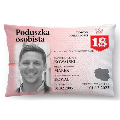Personalausweis Kissen zum 18 Geburtstag | Bezug (mit Füllung) mit eigenem Foto (40 x 60 cm) | Foto-Kissen mit Text Namen & Datum | Kissenbezug mit Kissenfüllung Geburtstagsgeschenk | Polen [091] von Ferocity