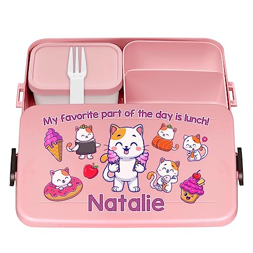 Ferocity Personalisierte Brotdose mit Namen Große Isolierte Bento Box Praktische Mahlzeitenaufbewahrung für Mädchen mit bunten Kindermotiven Katzen Kitties [087] von Ferocity