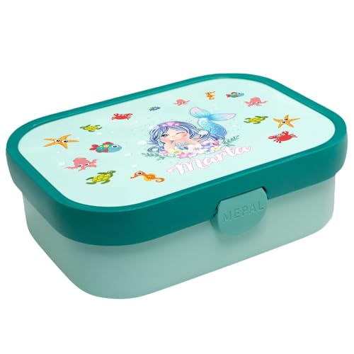 Personalisierte Brotdose mit Namen Große und praktische Brotdose für Kinder Wunderschöne Lunchbox für Mädchen und Jungen mit verschiedenen Motiven Meerjungfrau Mermaid [087] von Ferocity