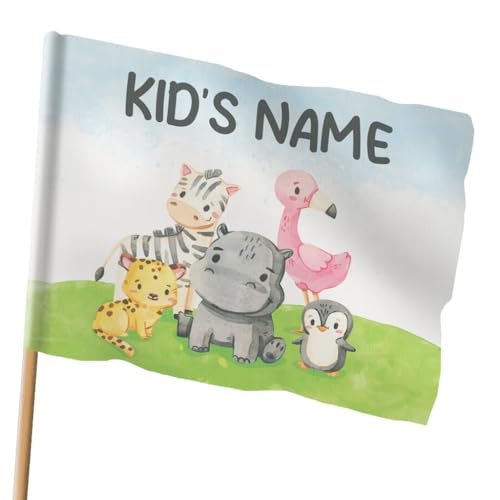 Personalisierte Kinder Flagge mit Namen Tiere | Niedliche Motive für Jungen & Mädchen | Größen wählbar klein oder groß | 2 Montageoptionen (Ösen oder Tunnel) | geeignet für Garten, Spielturm [164] von Ferocity