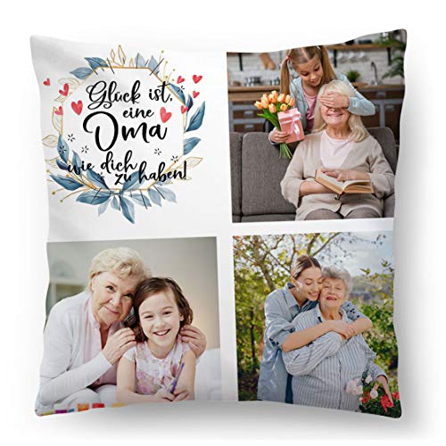Personalisiertes FOTOGESCHENK mit eigenem Foto (45 x 45 cm) Foto-Kissen mit Deinem Foto & Text Bedrucken Zum Jahrestag, Omatag, Geburtstag (mit Füllung) Glück ist eine Oma zu haben [091] von Ferocity