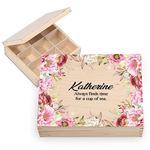 Personalisiertes Geschenk Holz-Tee-Box Teekiste mit Namen DEIN TEXT 20,5 x 23,5 cm Aufbewahrungsbox für Tee aus Holz mit 9 Fächern Tee-Organizer mit individuellem UV-Druck Motiv Finds Time [160] von Ferocity