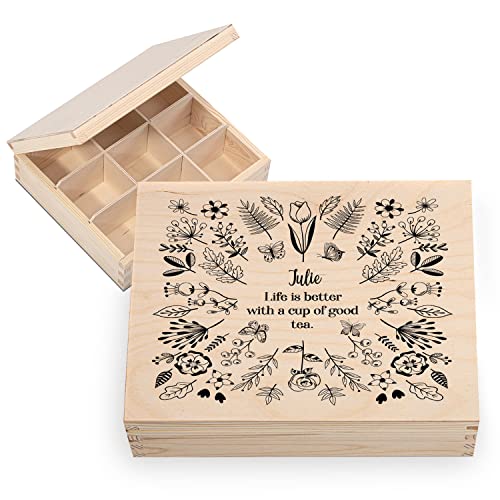 Personalisiertes Geschenk Holz-Tee-Box Teekiste mit Namen DEIN TEXT 20,5 x 23,5 cm Aufbewahrungsbox für Tee aus Holz mit 9 Fächern Tee-Organizer mit individuellem UV-Druck Motiv Life is Better [160] von Ferocity