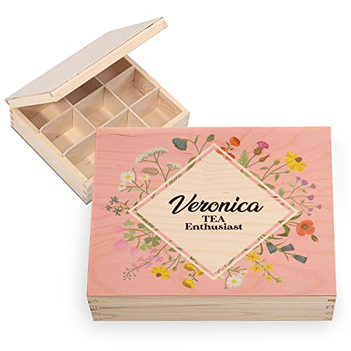 Ferocity Personalisiertes Geschenk Holz-Tee-Box Teekiste mit Namen DEIN TEXT 20,5 x 23,5 cm Aufbewahrungsbox aus Holz mit 9 Fächern Organizer mit individuellem UV-Druck Motiv Tea Enthusiast [160] von Ferocity