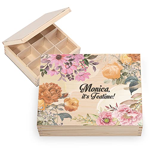 Personalisiertes Geschenk Holz-Tee-Box Teekiste mit Namen DEIN TEXT 20,5 x 23,5 cm Aufbewahrungsbox für Tee aus Holz mit 9 Fächern Tee-Organizer mit individuellem UV-Druck Motiv Teatime [160] von Ferocity