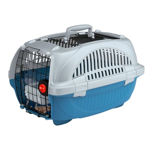 Ferplast Transportbox für Haustiere Hundebox für kleine Hunde und Katzen Atlas Deluxe 10 Open, Transportbox für Haustiere, Vorder-Obentür, Kissen und Napf inklusive 34 x 51 x 30 cm, blau von Ferplast