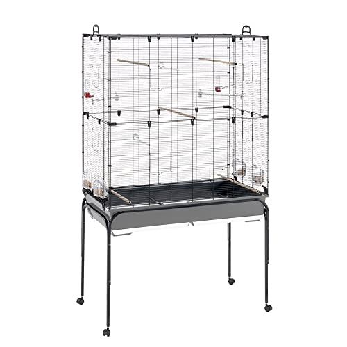 Ferplast Vogelkäfig Vogelvoliere Wellensittich Käfig Exotenkäfig, inkl. Stand mit Rädern, Vogel-Futternapf, Vogel-Sitzstangen, Schwarz, 100 x 53 x h172 cm von Ferplast