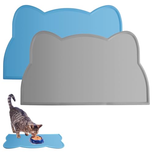 2 Stück Unterlage Katzennapf Silikon,44×25,5 cm Katzenfutter Unterlage Hundenapf wasserdichte,Napfunterlage Katze rutschfest,Futterunterlage Katze,Katzenfutter Matte Hundenapf,BPA-frei,Blau, Grau von FerraDrend