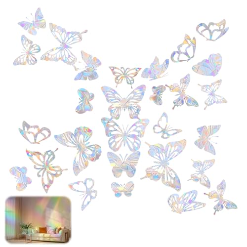 28 Stück 3D Fensterfolie Regenbogeneffekt Regenbogen, Suncatcher Sticker, Sonnenfänger Vogel Anti Kollisions Fenster Aufkleber, Schmetterling Suncatcher Sticker für Stopps Birds Flying in Windows von FerraDrend
