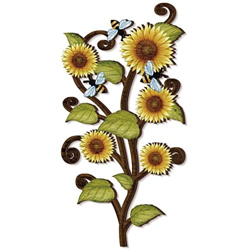 Holz-Sonnenblumen-Wanddekoration, 61 cm, hängende Sonnenblumen-Dekor, florales Holz, Wandkunst, rustikale primitive Dekoration, gelb, Schlafzimmer, Zubehör (mit Bienen) von Ferraycle