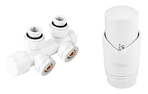 BFG Thermostat-Set, für Heizkörper | Thermostatkopf GT33 M30 x 1,5 | Zweirohr Heizkörperventil Eckform | Heizkörpernippel 3/4” x 1/2”, Rohrnippel 15 mm und 16x2 mm von Ferro