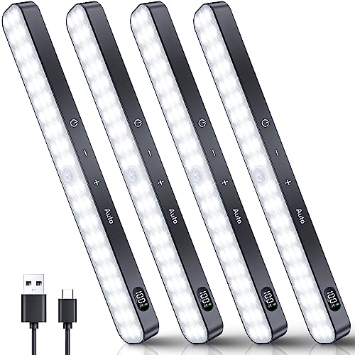 Ferswe Schrankbeleuchtung Led mit Bewegungsmelder, Anzeige des Batteriestands, 4 Stück Unterbauleuchte Küche Led, USB Batteriebetrieben Kleiderschrank Licht, Dimmbar Sensor Lampe für Treppe, Schrank von Ferswe