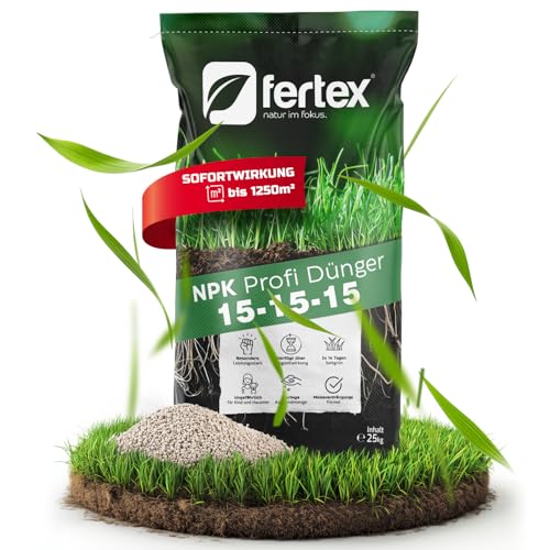 Fertex® Rasendünger 25 kg – NPK 15-15-15 für Frühjahr, Sommer & Herbst | Langzeitdünger gegen Moos | staubarm, mit Schwefel & für über 1000 m² | streuwagengeeignet von Fertex