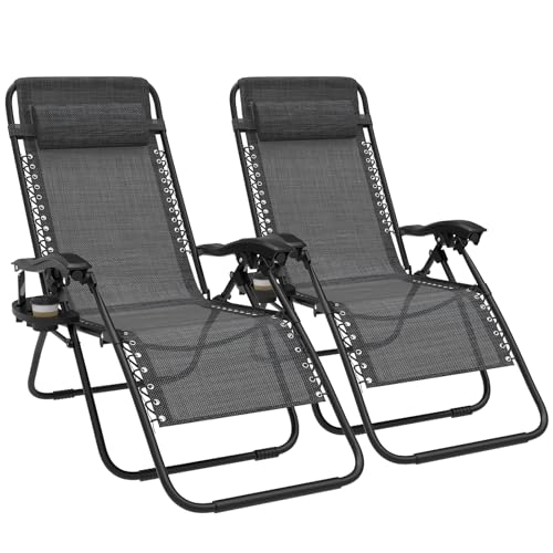 Ferzone Sonnenliege klappbar 2er Set, Stahlrohre Liegestuhl trägt mit Textilenebezug bis zu 120kg, Strandliege Gartenliege mit Kopfstütze & Getränkhalter für Outdoor Terrasse Camping Balkon, Schwarz von Ferzone