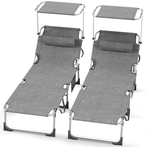 Ferzone Sonnenliege klappbar 2er Set 194 X 68 X 29 cm, Aluminium Liegestuhl trägt bis zu 150kg, Strandliege Gartenliege wetterfest Sonnenschutz mit Verstellbarer Rückenlehne, Hellgrau von Ferzone