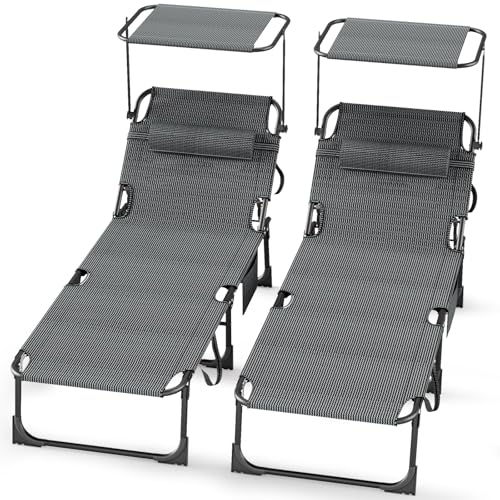 Ferzone Sonnenliege klappbar 2er Set 194 X 68 X 29 cm, Aluminium Liegestuhl trägt bis zu 150kg, Strandliege Gartenliege wetterfest Sonnenschutz mit Verstellbarer Rückenlehne, Schwarz mit Grau Streifen von Ferzone