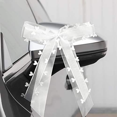 Fesaizwi 50 StüCk Autoschleifen Hochzeit - Weiß Mit Herzen Schleifen Auto - Weihnachtsschleifen Hochzeitsdeko - Handgemacht Satinband (25 * 15cm) von Fesaizwi