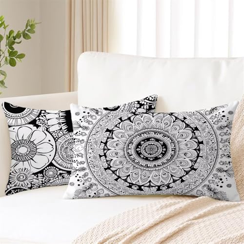 Boho Kissen 50x75 cm Rechteck Kissenbezug Schwarz Weiß Outdoor Kissen Wetterfest Leinen Kissenbezüge 2er Set Doppelseitiger Gedruckte Cushion Covers für Herbst Deko Garten Terrasse Sofa Balkon 2s-1185 von Fesnfuae