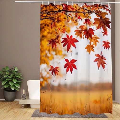 Duschvorhang 160x200 cm Lang Duschvorhang Herbst Shower Curtains Anti Schimmel Wasserdicht Polyester Stoff Badewannenvorhang Waschbar mit 12 Haken Blätter Badezimmer Gardinen mit Schwer Saum y-46 von Fesnfuae