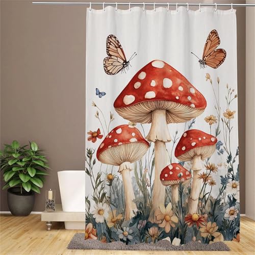 Fesnfuae Duschvorhang Pflanzen Duschvorhang 200x240 cm Anti Schimmel Shower Curtains mit 12 Haken Wasserdicht Polyester Stoff Waschbar Schnelltrocknend Badewanne Curtains mit Gewicht Saum, Pilz y-121 von Fesnfuae