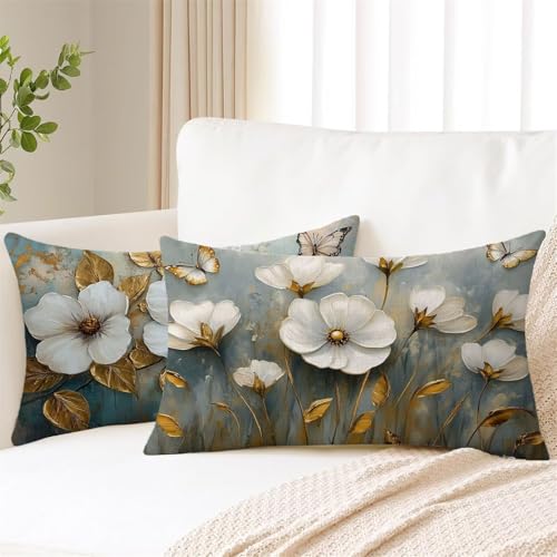 Kissenbezug 40x60 cm Vintage Kissen Blumen Sofakissen 2 Stück Kissenbezüge Leinen Pillow mit Unsichtbarem Reißverschluss Kissenhüllen für Gartenkissen Couchkissen Balkonkissen Outdoorkissen 2s-1329 von Fesnfuae