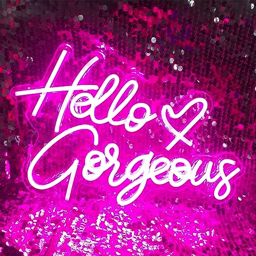 Hello Gorgeous Neon Zeichen Rosa LED Neon Lichter für Zuhause Hochzeit Geburtstag Hintergrund Bacelorette Party mit dimmbarem Schalter (5V, 16.5*-11") PINK von Fespcj