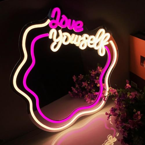 Liebe Ihr Selbst Rosa-warmes weißes Licht Neon Spiegel Energiesparend Mehrere Gelegenheiten Verfügbar USB Einfach zu bedienen Licht Einstellbare Stärke Einfach zu tragen Reisen Bevorzugt von Fespcj