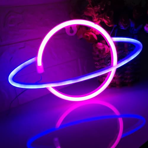 Pink+Blue Planet Neon Schild Einfach zu bedienen Schlafzimmer Wohnzimmer Nachtlicht USB/Batterie Dual Purpose LED Zeichen Geburtstag Hochzeit Party Weihnachtsdekoration Wanddekoration von Fespcj